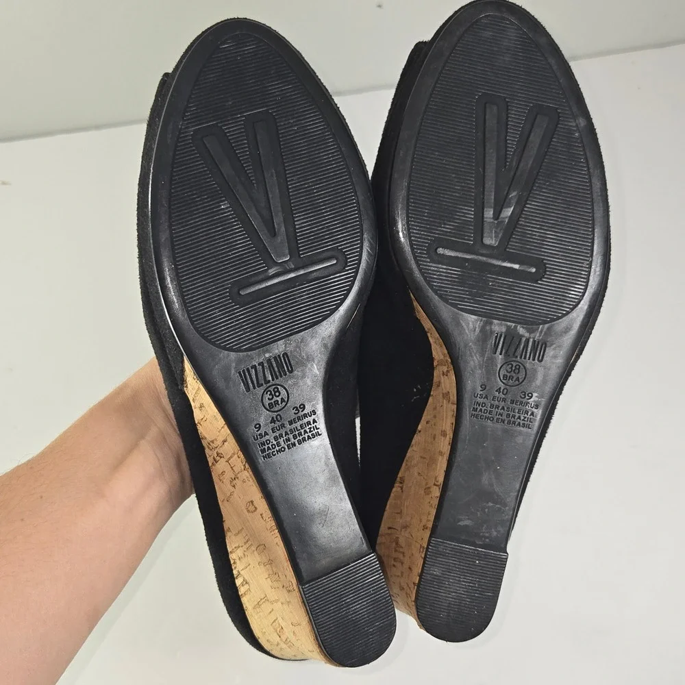 Vizzano Black Suede Peep Toe Wedge Heels Cork Platform Women Size 9 EUR 40